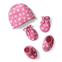 Babyhug 100% Cotton Knit Cap Mittens & Booties With Stripes & Floral Print Dark Pink - Diameter 11 cm