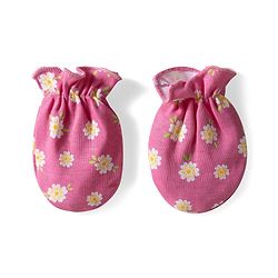 Babyhug 100% Cotton Knit Cap Mittens & Booties With Stripes & Floral Print Dark Pink - Diameter 11 cm