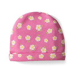 Babyhug 100% Cotton Knit Cap Mittens & Booties With Stripes & Floral Print Dark Pink - Diameter 11 cm