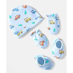 Babyhug 100% Cotton Knit Cap Mittens And Booties Set With Vehicle Print Light Blue- Diameter 17.5 cm