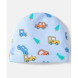 Babyhug 100% Cotton Knit Cap Mittens And Booties Set With Vehicle Print Light Blue- Diameter 17.5 cm