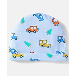 Babyhug 100% Cotton Knit Cap Mittens And Booties Set With Vehicle Print Light Blue- Diameter 17.5 cm
