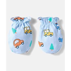 Babyhug 100% Cotton Knit Cap Mittens And Booties Set With Vehicle Print Light Blue- Diameter 17.5 cm
