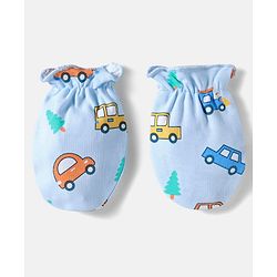 Babyhug 100% Cotton Knit Cap Mittens And Booties Set With Vehicle Print Light Blue- Diameter 17.5 cm