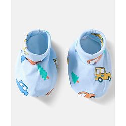 Babyhug 100% Cotton Knit Cap Mittens And Booties Set With Vehicle Print Light Blue- Diameter 17.5 cm