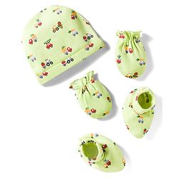 Babyhug 100% Cotton Cap Mittens & Booties Set With Vehicle Print Lime Green - Diameter 16 cm
