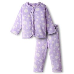 Babyhug Velour Knit Full Sleeves Front Open Fur Co-ords Winter Night Suit with Polka Dot Print - Lavender