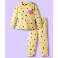 Babyhug Cotton Knit Full Sleeves Co-ords Night Suit With Heart Print - Yellow