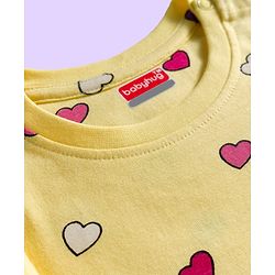 Babyhug Cotton Knit Full Sleeves Co-ords Night Suit With Heart Print - Yellow