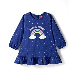 Babyhug Cotton Knit Full Sleeves Nighty With Text & Polka Dot Print - Blue