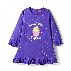 Babyhug Cotton Knit Full Sleeves Nighty With Text & Polka Dots Print - Violet