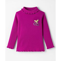 Babyhug Single Jersey Knit Full Sleeves Turtle Neck Winter T-Shirt with Cherry Embroidery - Violet