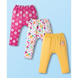 Babyhug Cotton Knit Full Length Diaper Leggings With Floral Print Pack Of 3 - Pink Yellow & White