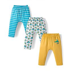 Babyhug Cotton Knit Full Length Diaper Pant With Stipes & Vehicle Print Pack Of 3 - Light Blue Yellow & Aqua