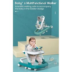 Babyhug 2 in 1 Baby Walker with Anti Fall Protection & Adjustable Height-Blue| Push Walker| Rear Wheels with Speed Control| Soft Padded Seat| Smooth Swivel Wheels| Musical Toy Tray with Engaging Toys