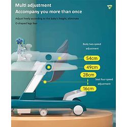 Babyhug 2 in 1 Baby Walker with Anti Fall Protection & Adjustable Height-Blue| Push Walker| Rear Wheels with Speed Control| Soft Padded Seat| Smooth Swivel Wheels| Musical Toy Tray with Engaging Toys