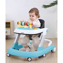 Babyhug 2 in 1 Baby Walker with Anti Fall Protection & Adjustable Height-Blue| Push Walker| Rear Wheels with Speed Control| Soft Padded Seat| Smooth Swivel Wheels| Musical Toy Tray with Engaging Toys