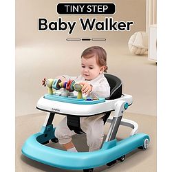 Babyhug 2 in 1 Baby Walker with Anti Fall Protection & Adjustable Height-Blue| Push Walker| Rear Wheels with Speed Control| Soft Padded Seat| Smooth Swivel Wheels| Musical Toy Tray with Engaging Toys