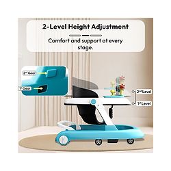Babyhug 2 in 1 Baby Walker with Anti Fall Protection & Adjustable Height-Blue| Push Walker| Rear Wheels with Speed Control| Soft Padded Seat| Smooth Swivel Wheels| Musical Toy Tray with Engaging Toys