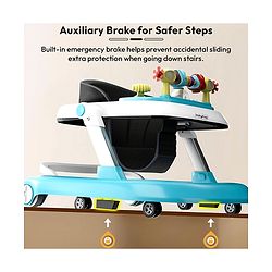 Babyhug 2 in 1 Baby Walker with Anti Fall Protection & Adjustable Height-Blue| Push Walker| Rear Wheels with Speed Control| Soft Padded Seat| Smooth Swivel Wheels| Musical Toy Tray with Engaging Toys