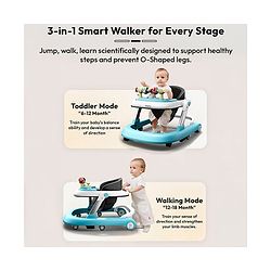 Babyhug 2 in 1 Baby Walker with Anti Fall Protection & Adjustable Height-Blue| Push Walker| Rear Wheels with Speed Control| Soft Padded Seat| Smooth Swivel Wheels| Musical Toy Tray with Engaging Toys
