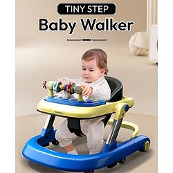 Babyhug 2 in 1 Baby Walker with Anti Fall Protection & Adjustable Height-Blue| Push Walker| Rear Wheels with Speed Control| Soft Padded Seat| Smooth Swivel Wheels| Musical Toy Tray with Engaging Toys