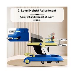 Babyhug 2 in 1 Baby Walker with Anti Fall Protection & Adjustable Height-Blue| Push Walker| Rear Wheels with Speed Control| Soft Padded Seat| Smooth Swivel Wheels| Musical Toy Tray with Engaging Toys