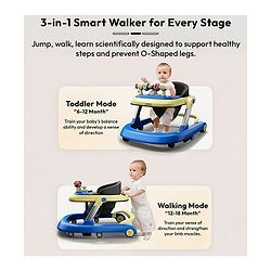 Babyhug 2 in 1 Baby Walker with Anti Fall Protection & Adjustable Height-Blue| Push Walker| Rear Wheels with Speed Control| Soft Padded Seat| Smooth Swivel Wheels| Musical Toy Tray with Engaging Toys