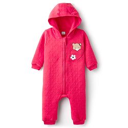 Babyhug Sweater Knit Full Sleeves Front Open Hooded Winter Wear Romper with Hearts Floral & Teddy Detailing - Red
