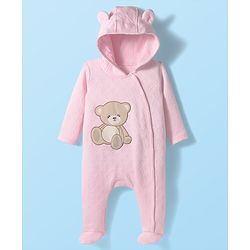 Babyhug Cotton Knit Full Sleeves Front Open Footed Hooded Winter Wear Quilted Onesie with Teddy Bear Print - Pink