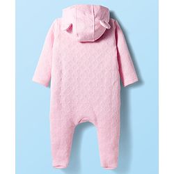 Babyhug Cotton Knit Full Sleeves Front Open Footed Hooded Winter Wear Quilted Onesie with Teddy Bear Print - Pink
