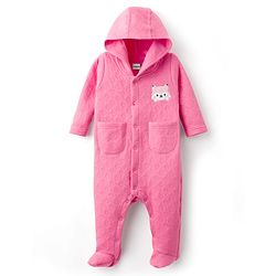 Babyhug Cotton Knit Full Sleeves Footed & Hooded Quilted Romper With Animal Embroidery - Pink