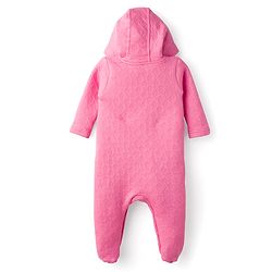 Babyhug Cotton Knit Full Sleeves Footed & Hooded Quilted Romper With Animal Embroidery - Pink