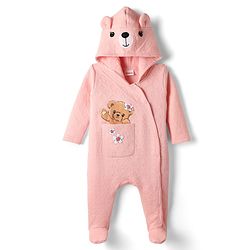 Babyhug Cotton Knit Full Sleeves Hooded Footed Winter Wear Quilted Romper with Bear Print & Ear Applique - Pink