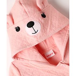 Babyhug Cotton Knit Full Sleeves Hooded Footed Winter Wear Quilted Romper with Bear Print & Ear Applique - Pink