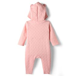 Babyhug Cotton Knit Full Sleeves Hooded Footed Winter Wear Quilted Romper with Bear Print & Ear Applique - Pink
