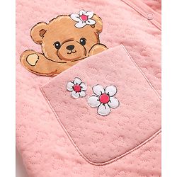 Babyhug Cotton Knit Full Sleeves Hooded Footed Winter Wear Quilted Romper with Bear Print & Ear Applique - Pink