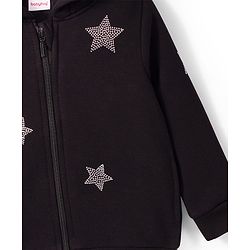 Babyhug Fleece Knit Full Sleeves Hooded Sweatjacket With Rhinestone Detailing - Black