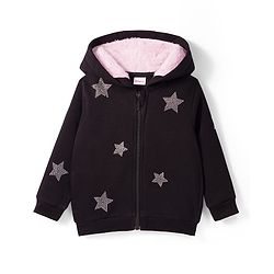 Babyhug Fleece Knit Full Sleeves Hooded Sweatjacket With Rhinestone Detailing - Black