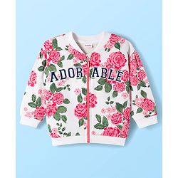 Babyhug Fleece Knit Full Sleeves Premium Heavy Gauge Warm Fleece Fabric Sweatjacket With Floral Print & Text Embroidery - White