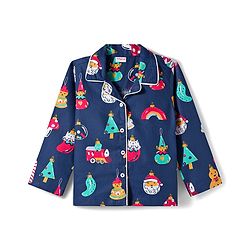 Babyhug 100% Cotton Woven Full Sleeves Co-ords Night Suit With Santa Print - Navy Blue