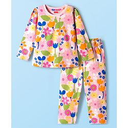 Babyhug Cotton Knit Full Sleeves Co-ords Night Suit With Floral Print - Pink