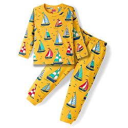 Babyhug Cotton Knit Full Sleeves Co-ords Night Suit With Nautical Theme Print - Yellow