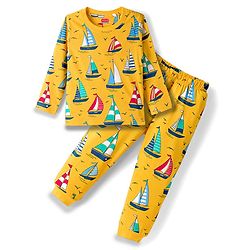 Babyhug Cotton Knit Full Sleeves Co-ords Night Suit With Nautical Theme Print - Yellow