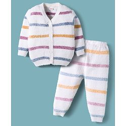 Babyhug Knit Full Sleeves Front Open Sweater & Pant Set with Stripe Design - White