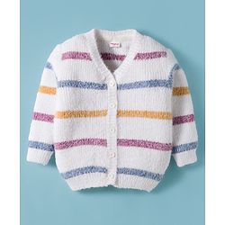 Babyhug Knit Full Sleeves Front Open Sweater & Pant Set with Stripe Design - White