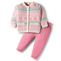 Babyhug Knit Full Sleeves  Front Open Sweater Sets With Floral Print - White & Pink