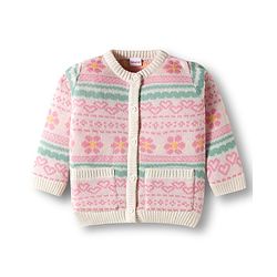 Babyhug Knit Full Sleeves  Front Open Sweater Sets With Floral Print - White & Pink