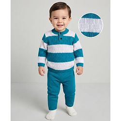 Babyhug Cotton Knit Full Sleeves Sweater Set With Stripes -Teal Blue & White