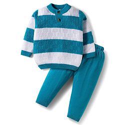 Babyhug Cotton Knit Full Sleeves Sweater Set With Stripes -Teal Blue & White